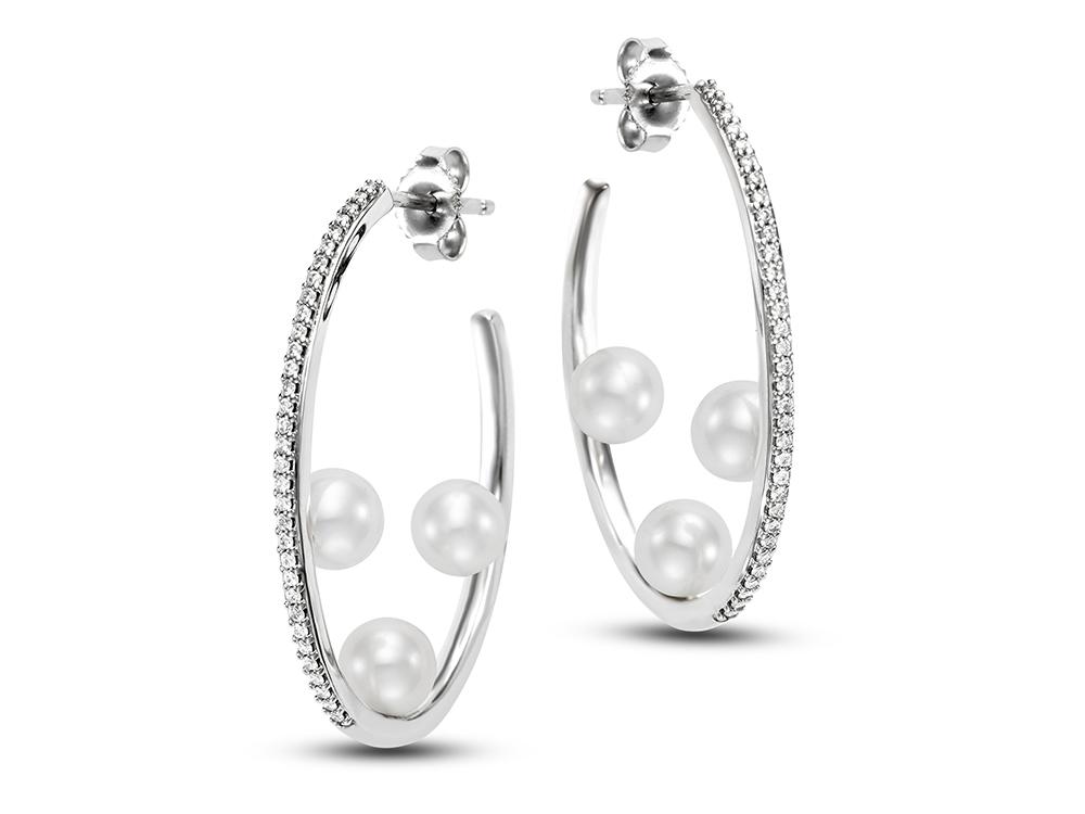 Three Pearl & Diamond Oval Hoop Earrings