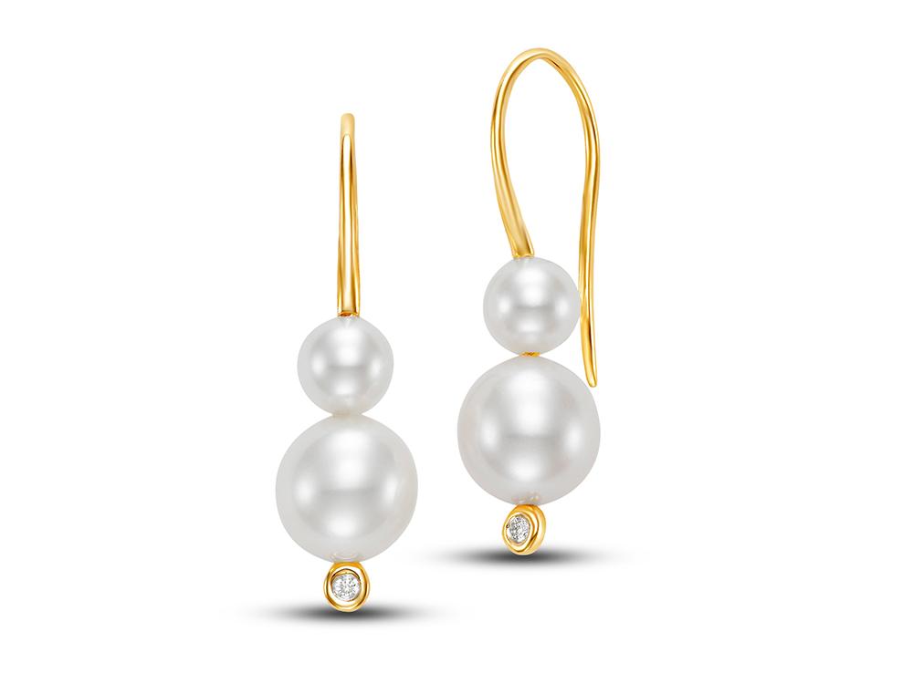 Two Pearl Diamond Bezel Drop Earrings